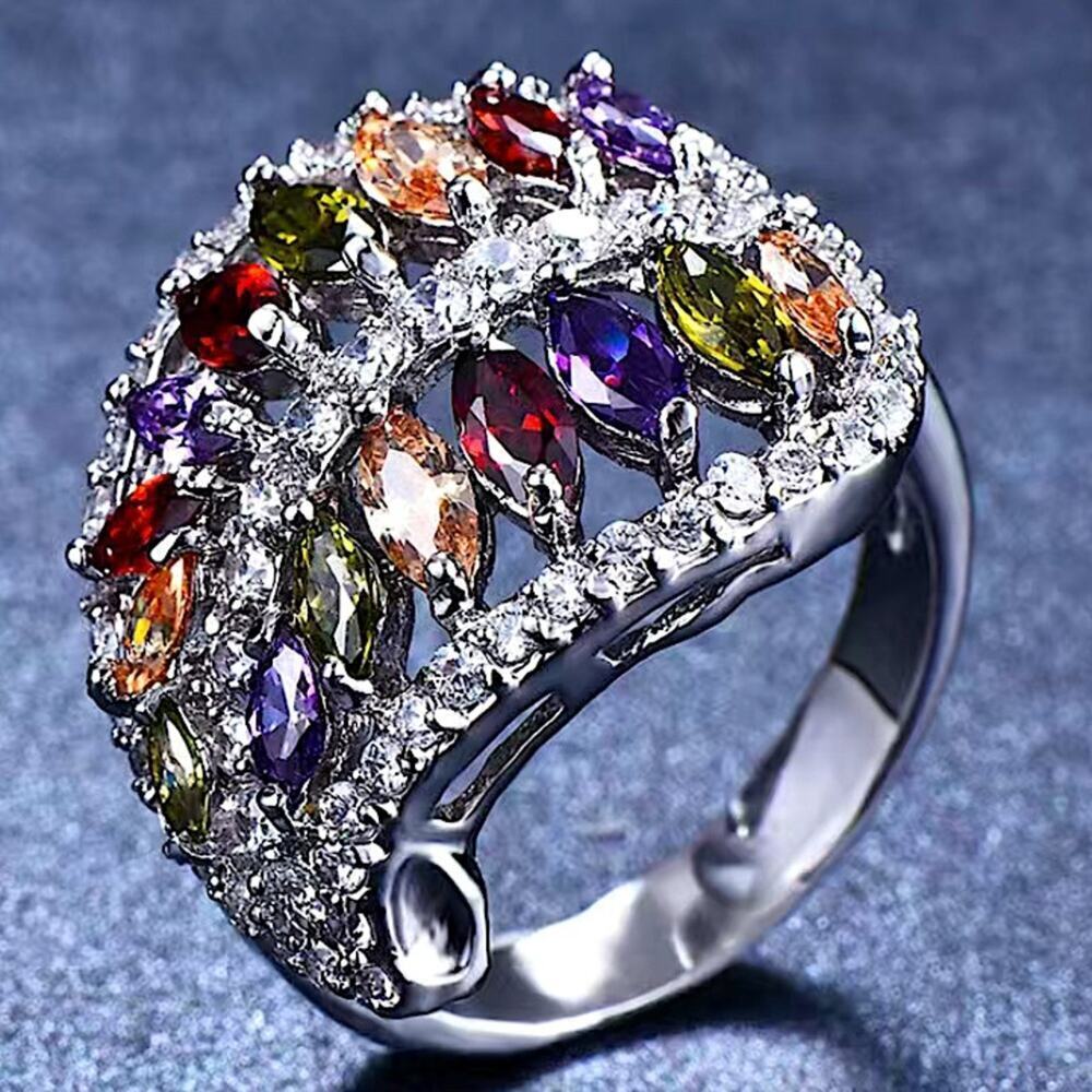 18K Gold Plated Rainbow Ring, Marquis Cut, Zircon, Multicolor
